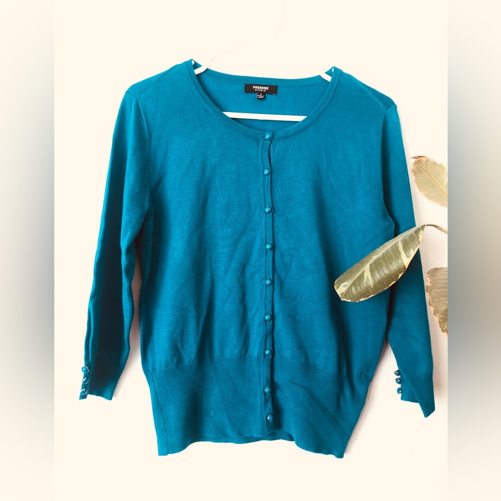 Peacock blue jewel button cardigan